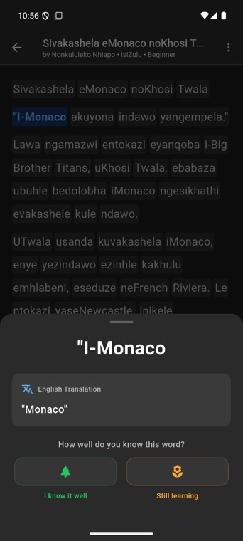 A tapped word with its English meaning and know / learning buttons